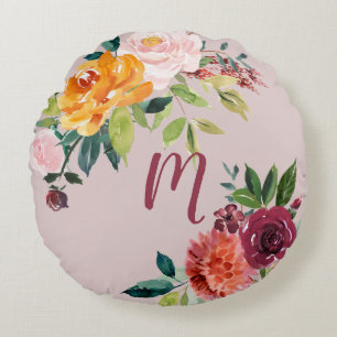 Coussins Ronds Les fleurs d'Orange et de Bourgogne en rose  Monog