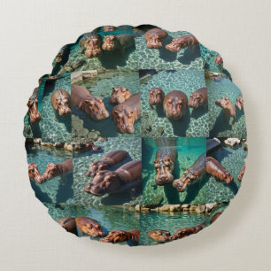 Coussins Ronds Les hippopotames en jeu : Un paradis d'étang
