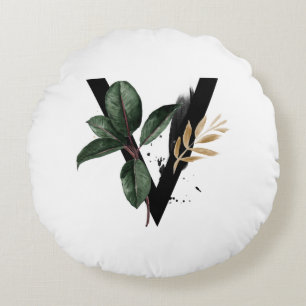 Coussins Ronds Lettre Boho V Monogramme Aquarelle Feuilles tropic