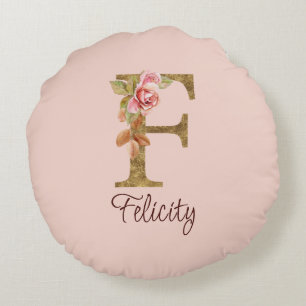 Coussins Ronds Lettre de nom personnalisée F Roses rose poudré fe