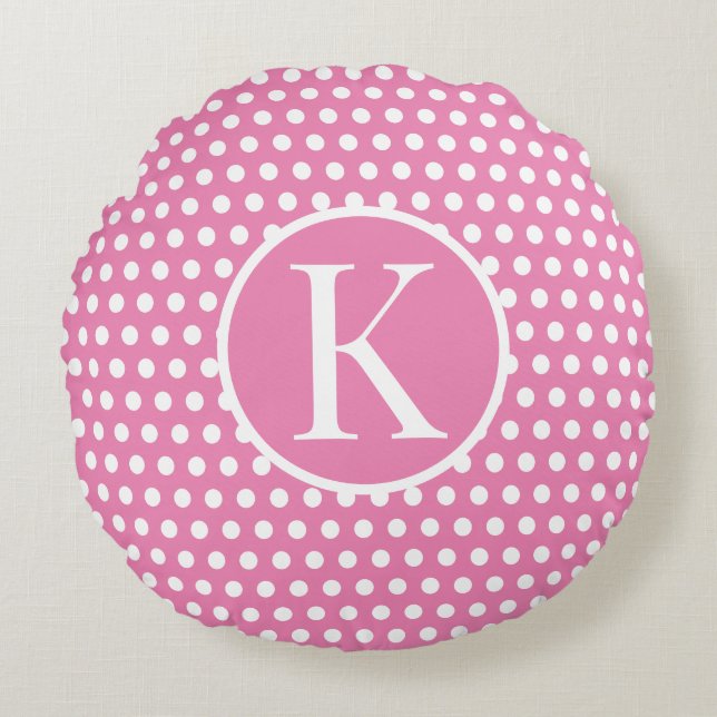 Coussins Ronds Lettre initiale personnalisée Polka Dot Rose (Devant)