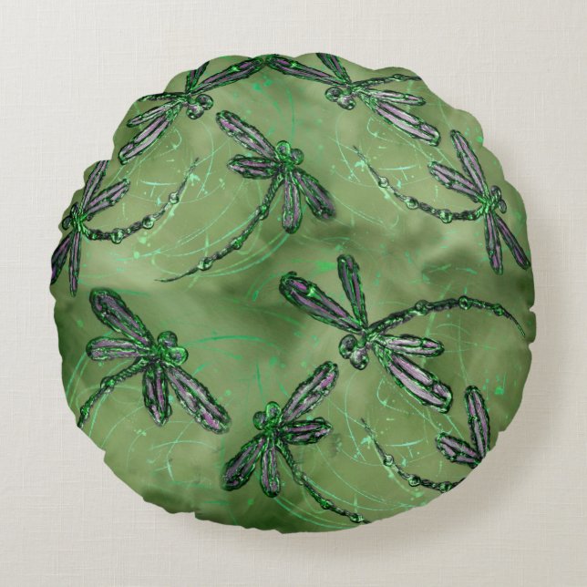 Coussins Ronds libellules violettes sur le vert doux (Devant)