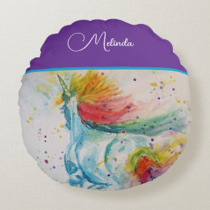 Coussins Ronds Licorne Arc-en-ciel Anniversaire Fille Aquarelle V