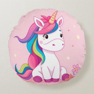 Coussins Ronds Licorne de dessin animé adorable avec crinière arc