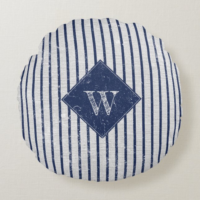 Coussins Ronds Lin gris rustique et rayures bleu marine Monogramm (Devant)