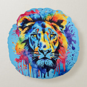 Coussins Ronds Lion coloré drôle d'aquarelle
