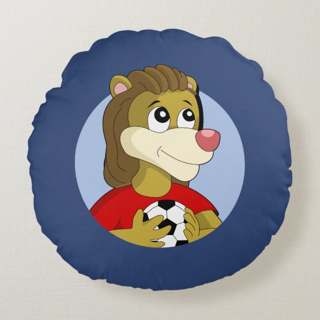Coussins Ronds Lion tenant un dessin animé de balle de football c (Devant)