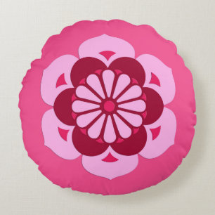 Coussins Ronds Lotus Flower Mandala, Fuchsia Pink et Bourgogne