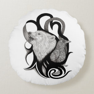 Coussins Ronds Loup blanc avec art tribal coréen