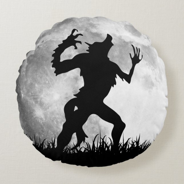 Coussins Ronds Loup-garou déplaisant avec une Pleine lune (Devant)