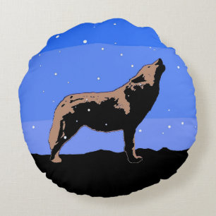 Coussins Ronds Loup hurlant en hiver - Art original de la faune