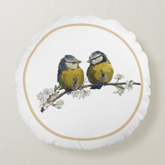 Coussins Ronds Lovebirds assis sur une branche de fleurs de ceris