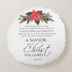 Coussins Ronds Luc 2:10-11 Écriture de Noël Poinsettia