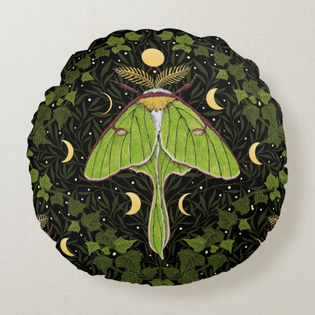 Coussins Ronds Luna moth, phases de lune et damas de lierre 2 (Devant)