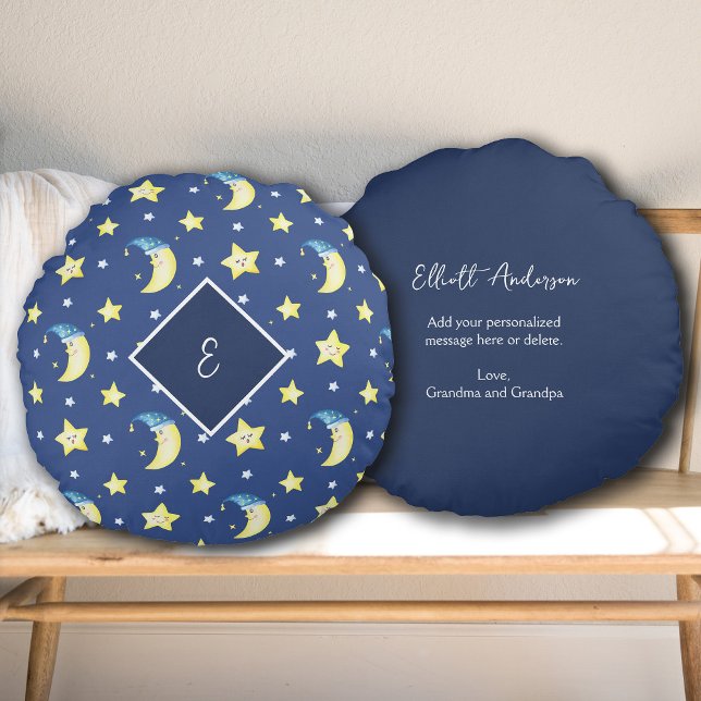 Coussins Ronds Lune de message personnalisée et étoiles bleu (Créateur téléchargé)