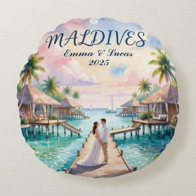 Coussins Ronds Lune de miel personnalisée aux Maldives (Devant)
