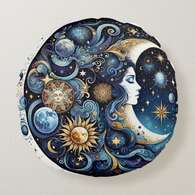 Coussins Ronds Lune, Planètes, Étoiles et une femme céleste (Devant)