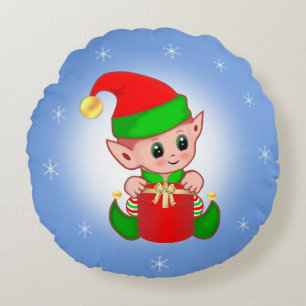 Coussins Ronds Lutin de Noël sur un oreiller rond bleu clair