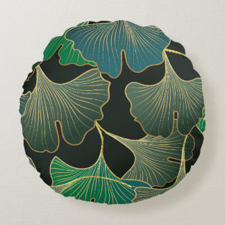 Coussins Ronds Luxueux or Ginkgo, art vintage.