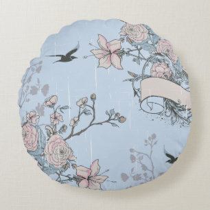 Coussins Ronds Lys rose asiatique et Roses en bleu