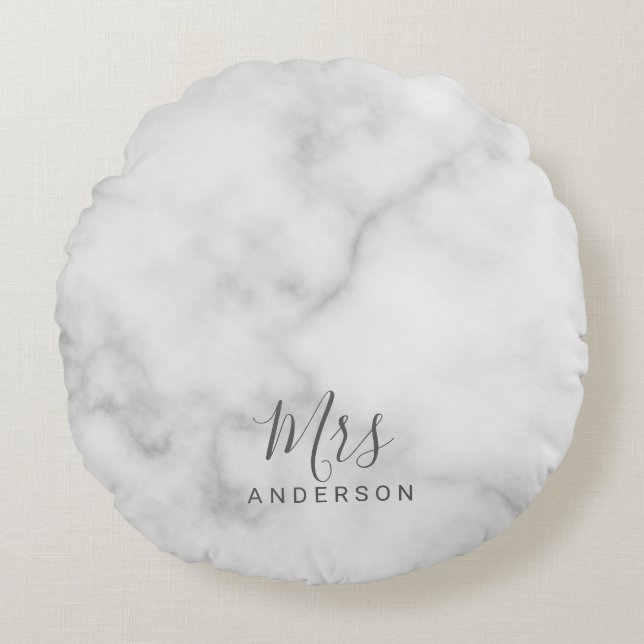 Coussins Ronds M. et Mme. | Élégant Marbre blanc Script moderne (Devant)