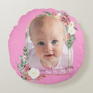 Coussins Ronds Ma première photo de naissance rose de bébé fille