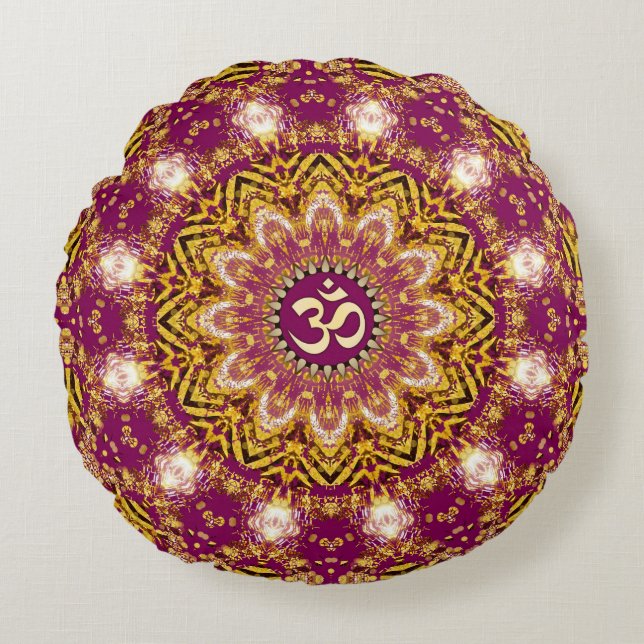 Coussins Ronds Magenta Gold Boho Spirituel OM Yoga Round Cushion (Devant)