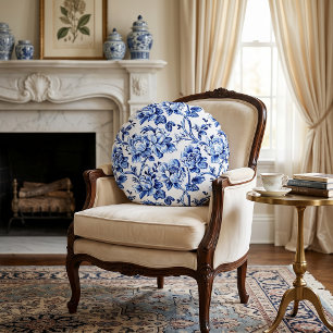 Coussins Ronds Magnolias Bleus et Blancs Toile de Jouy