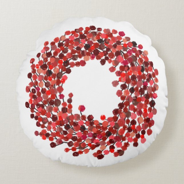 Coussins Ronds Mains peintes rouge Winterberry Wreath Noël (Devant)