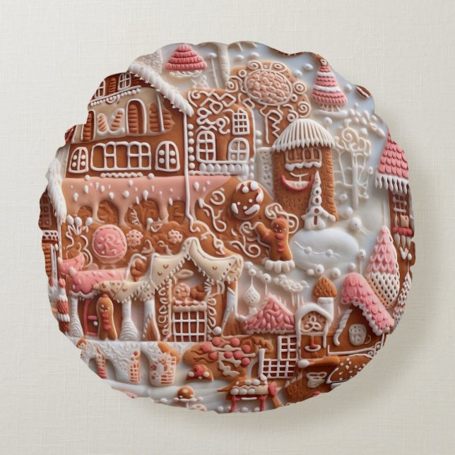 Coussins Ronds Maison de pain d'épice de Noël (Devant)