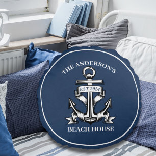 Coussins Ronds Maison de plage bateau nautique ancre nom de famil