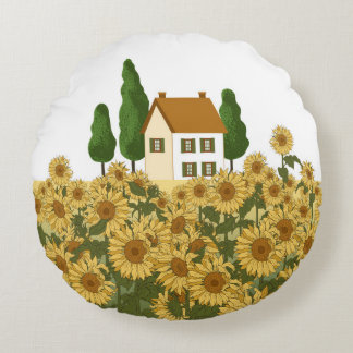 Coussins Ronds Maison, grands arbres et un champ de tournesols da