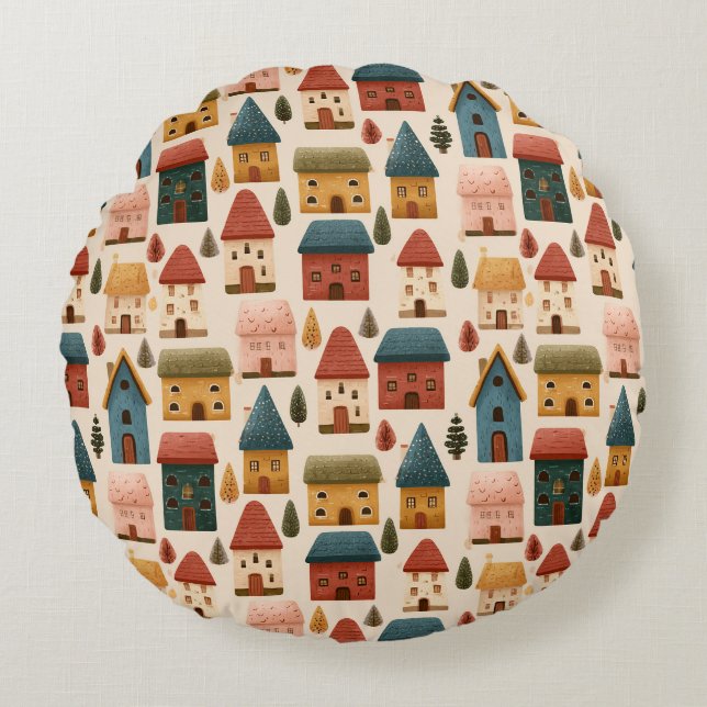 Coussins Ronds Maisons de Noël rustiques festives motif sans cout (Devant)