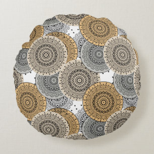 Coussins Ronds Mandala arabe motif gris beige à l'orientale