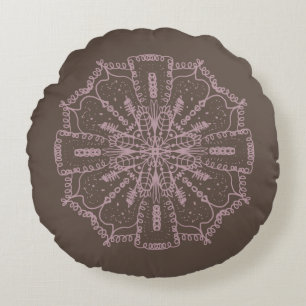 Coussins Ronds Mandala Bohème Dessiné à la Main Marron et Rose Bl