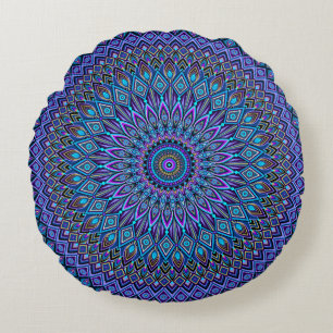 Coussins Ronds Mandala Boho bleu Turquoise violet Peacock Gold Ma