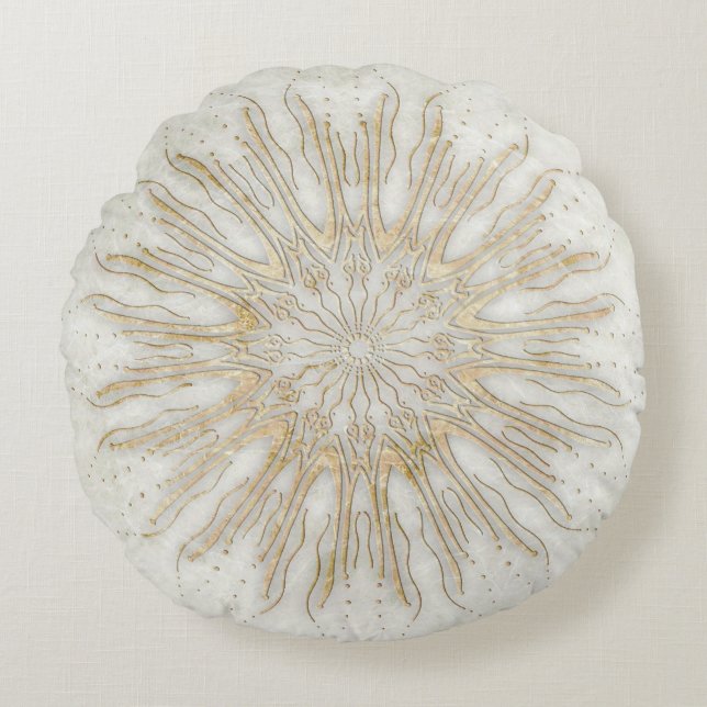 Coussins Ronds Mandala de sunburst de style boho bio blanc doré (Devant)