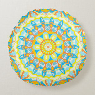 Coussins Ronds Mandala d'été jaune orange bohème floral lumineux