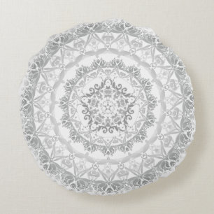 Coussins Ronds Mandala florale en damassé gris blanc