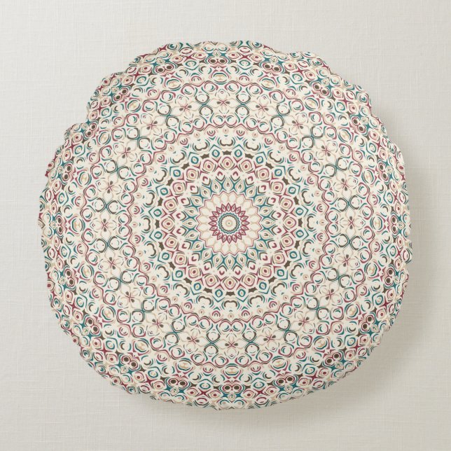 Coussins Ronds Mandala géométrique complexe en Turquoise, Rose et (Devant)