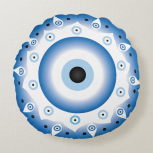 Coussins Ronds Mandala Grec Mal Oeil Bleu Blanc