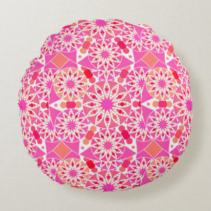 Coussins Ronds Mandala motif, tons rose et corail