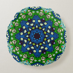 Coussins Ronds Mandala Retro Mosaic Vert Motif bleu