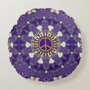 Coussins Ronds Mandala signe de paix violet et or