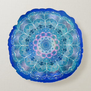 Coussins Ronds Mandala White Outline bleu Aquarelle -