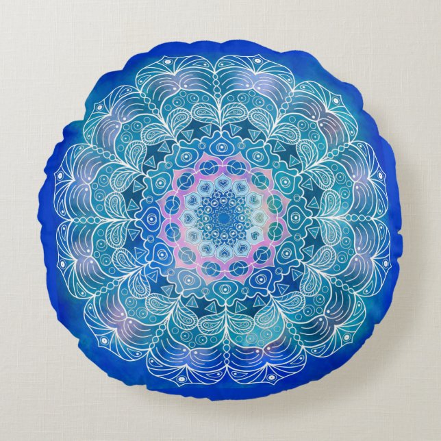 Coussins Ronds Mandala White Outline bleu Aquarelle - (Devant)