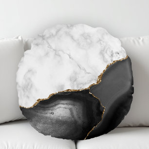 Coussins Ronds Marbre Blanc Agate Noire Paillettes Dorées