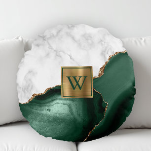 Coussins Ronds Marbre Blanc Doré Monogramme Agate Vert Emeraude