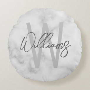 Coussins Ronds Marbre blanc Script Monogramme personnalisé et nom