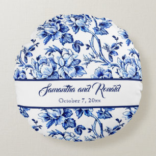 Coussins Ronds Mariage Toile Florale Bleue et Blanche